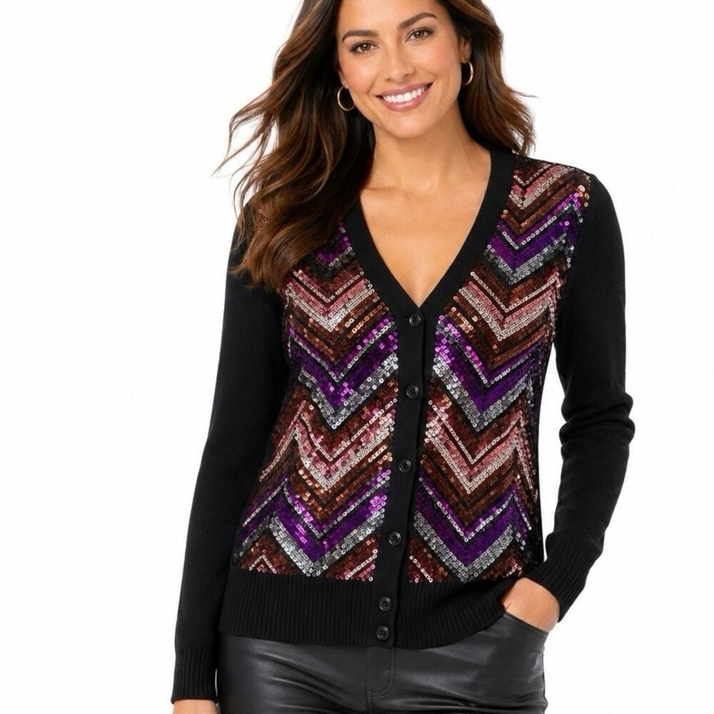 NEW Trina Turk 100% Merino Wool Sequin Cardigan Sweater Black Chevron M Bling